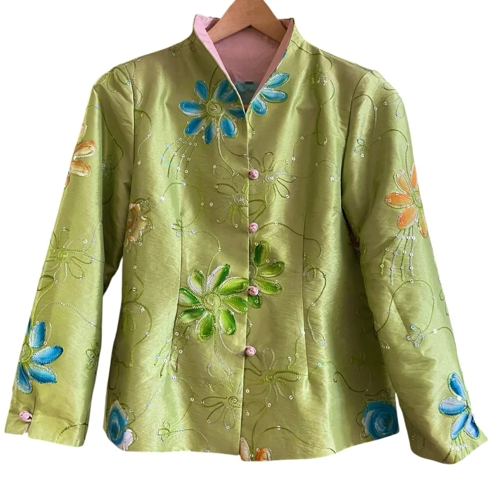 Art to wear Embroidered Floral Satin Jacket Beaded Mandarin Collar Pastel Green‎